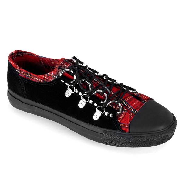 Demonia Men's Deviant-05 Sneakers - Black Suede/Red Plaid D7801-65US Clearance